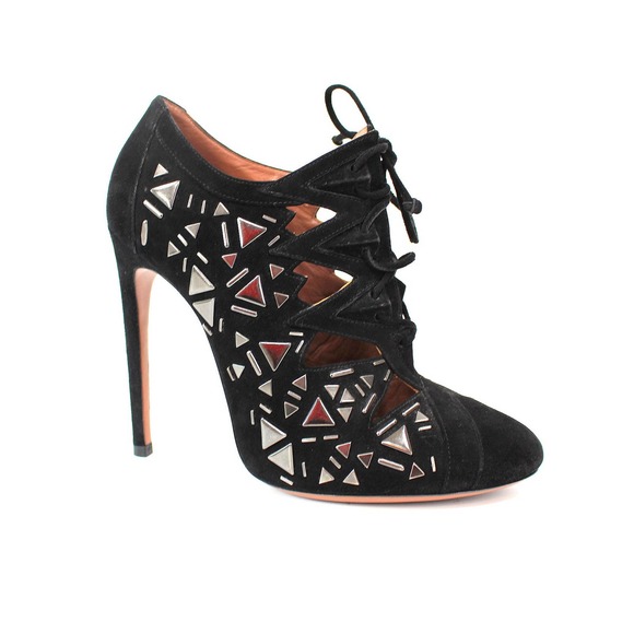 Alaia Shoes - Alaia Black Suede Laser Cut Silver Embellished Heeled Ankle Booties 39.5 Shoes